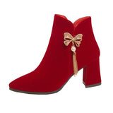New Bow Water Diamond String Beads Wedding Shoes Korean Version Tassel Thick Heel Comfortable Bride Boots Wine Red Fashion