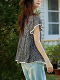 The Age Of Small Broken Flowers Leaves Side Short Sleeve Dolls Holiday Chindal Shirt Women Summer Belly Cover Tops High-End