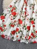 Women Sexy Floral Chiffon Dress Female Elegant V-Neck Short Sleeve High Waist A-Line Beach Vestido Casual Party Robe