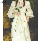 Vintage Floral Dress Women Elegant Korean Casual Party Midi Dress Lady 2022 Autumn Court Retro Lantern Sleeve Fairy
