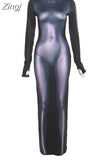 Women Autumn 2023 New Y2K 3D Printed High Street Sexy&Party Elastic Skinny Dress Crew Neck Long Sleeve Chic Long