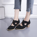 Spring And Summer New Thick Heel High Fashion Single Shoes 42 Large Size Lace Hollow Carved Women's