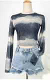 Zingj Layer Opaque Ice Screen Gauze Short Jacket Female Ink Dizzy Dye Bottom Shirt Spring And Summer Slim Suntan T-Shirt