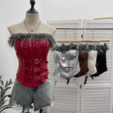 Shooting Retro Pu Skin Spliced Hair Bra Bra Strap Chest Punk Hottie Skin Buckle Waist Short Top