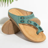 New Toe Flip-Flop Leather Metal Splicing Flat-Bottomed Casual Women's Shoes Large-Size Women's