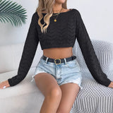 And Summer Solid Color Hollow Horn Sleeve Leisure Loose Knitted Shirt Holiday Umbilly Tops Women's