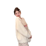 New Beige Soft-Gried Puppy Splicing Head Horse Sea Hair Sweater Women's Spring And Autumn Lazy Loose