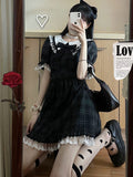 Japan Sweet Bow Jk Women Plaid Dress Chic Lace Patchwork A Line Sexy Dress Summer Preppy Style Student Puff Sleeve