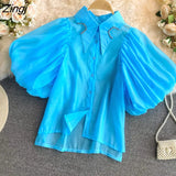 Sleeve Blouses Korean Fashion Women Clothes Button Up Shirt Harajuku Shirts Summer Elegant Vintage See Through Blusas