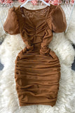 Sexy Mesh Draped Bodycon Dress Women Elegant Square Collar Short Puff Sleeve Pleated Vestidos Female