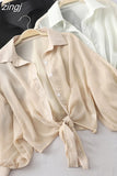 2023 Summer Half Sleeve Buttoned Up Shirt Loose Casual Blouse Chiffon Shirts Women Tied Waist Elegant Blouses for