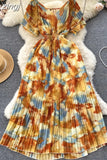 Vintage Women Printed Pleated Long Dress Elegant V-Neck Short Sleeve Ruffle Maxi Vestidos Female Beach Draped Robe