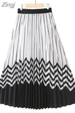 Spring Summer Fashion Midi Long Pleated Skirt Women Striped Print Elegant Chic Casual High Waist A Line Skirts
