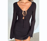 Women's New Knitted Tying Dress With Long Sleeves And Hip Mini