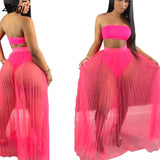 Up Skirt Swimsuit Women 3 Piece Set Strapless Crop Tops Pants And Mesh Skirt Fashion Pleated Beach