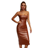 Zingj New Summer 2023 Sexy One-Line Collar Slim Show Thin Wrap Hip Skirt Slit PU Women's Dress