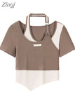 Patchwork T Shirt Women Y2k Style Crop Top O-neck Tshirt Streetwear Slim Sexy Hollow Out Irregular Short Sleeve