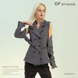 New Personality Tuxedo Side Side Shoulder Buckle Suit Broken Sleeve Ash Spliced Long-Sleeved Coat