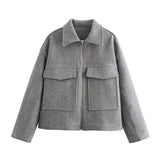 Autumn Fashion Wine Red Big Pocket Zipper Hair Coat Women's Clothing