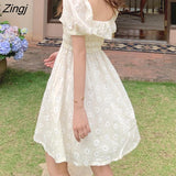 Dresses Women Floral Ruffles Square Collar Puff Sleeves High Waist Summer Casual Mini Korean Style Ulzzang Soft Daisy