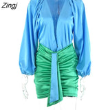 Sexy Deep V-neck Satin Two Piece Set Women Long Sleeve Top Short Skirt Sets Matching Casual Partywear Winter Women