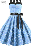 Women Polka Dot Print Summer Dress Sexy Retro White Halter Vintage Dress Robe Femme Pin Up Rockabilly Party