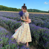 Women's Long-Term 2025 Women's Dress New Dress Summer Short-Sleeved French Fresh Floral Dress Square