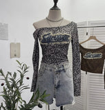 Girls Letter Sticker Leopard Long-Sleeved T-Shirt 2025 Autumn New Thin Short Top