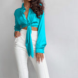 Spot 2025 New Fashion Temperament Lapel Long Sleeve Leakage Umbilical Shirt Short Female