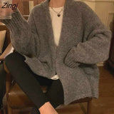 Women Retro Elegant V-neck Thicker Winter Korean Version All-match Basic Sweater Solid Tender Students Feminino