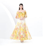 Spring New Holiday Style Printed Lotus Leaf Dress Women's Shoulder To Show Thin Spuny Chiffon