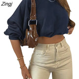 Women’s Casual Long-sleeved Crop Tops Fashion Solid Color Loose Exposed Navel Sweatshirt for Spring