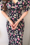 Korean Chic V-Neck Print Floral Sexy Maxi Dresses for Women Clothing Bodycon Chiffon Midi Dress Elegant Summer 2023