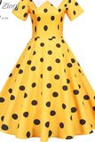 Women Summer Dress Black Polka Dot Short Sleeve Peter pan Collar Casual Elegant Party Vintage Midi Sundress Robe