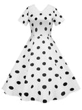 Women Summer Yellow Polka Dot Short Sleeve Peter Pan Collar Elegant Party Dress Casual Vintage A-line Midi