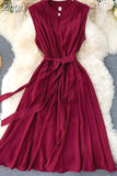Solid Green/Blue/Yellow Casual Dress Elegant Sleeveless Round Neck Sashes Dresses Vintage 2023 New Fashion Vestido