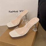 Women 2025 Summer New Square Head Fine And Crystal Transparent Sandals One-Word With Waterproof Table Slippers