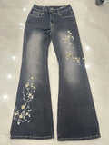West Of The Cowboy Wind Plant Flowers Embroidered Low-Waisted Trousers Hottie Water Wash Old Leisure