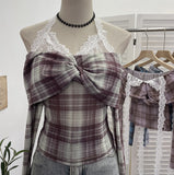 Hanging Neck Shoulder Mesh Yarn Long-Sleeved Top Design Y2k Short Repair T-Shirt
