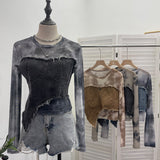 Dye Mesh Spliced Denim Shoulder Long-Sleeved T-Shirt T-Shirt T-Shirt Dress