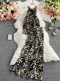Vacation Beach Women Two Piece Set Elegant Halter Sleeveless Chiffon Tops And High Waist Wide Leg Pants Female New