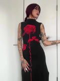 Temperament A Rose Print Bumpy Color Sexy Dew Height Collar Sleeveless High Open Skirt Dress