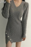 Button Dress for Women Korean Fashion Casual Slim V-Neck Solid Long Sleeve Knitting Mini Dresses Autumn Winter