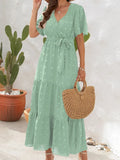 Maxi Dress Women Elegant Jacquard Sundress Female Boho Beach Green Long Dress Loose Retro Short Sleeve