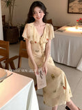 Xixi 13 Lines 2025 Summer New Elegant Temperament Printing Pure Desire High-Waist Short-Sleeved Dress