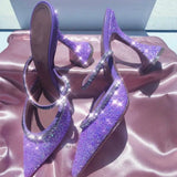 and American Popular 2020 Summer New Dazzling Pink Crystal Sequined Spool Heels Pointed High Heels Women