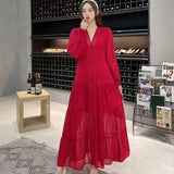 Retro Court Style Lace V-Neck High-End Dress With Thin Single-Drace Buckle