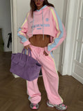 Wind Hit Striped Decorative Letters Embroidered Hoodie Casual Loose Trouser Set