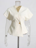Commuter Wind 2025 New V Neck Short Sleeve Waist A Button Door Skirt Asymmetric Thin Pure Color Vest