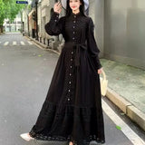 Small Vintage Hollow Lace Splicing Strap Belt Lantern Sleeve Dress Female Court Long